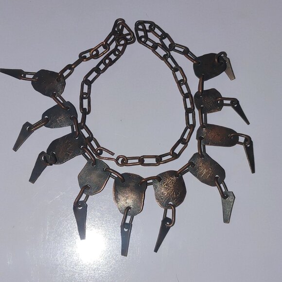 Vintage Brass Bib Necklace Etched Abstract Adjustable Chain Tribal Statement - Picture 6 of 16